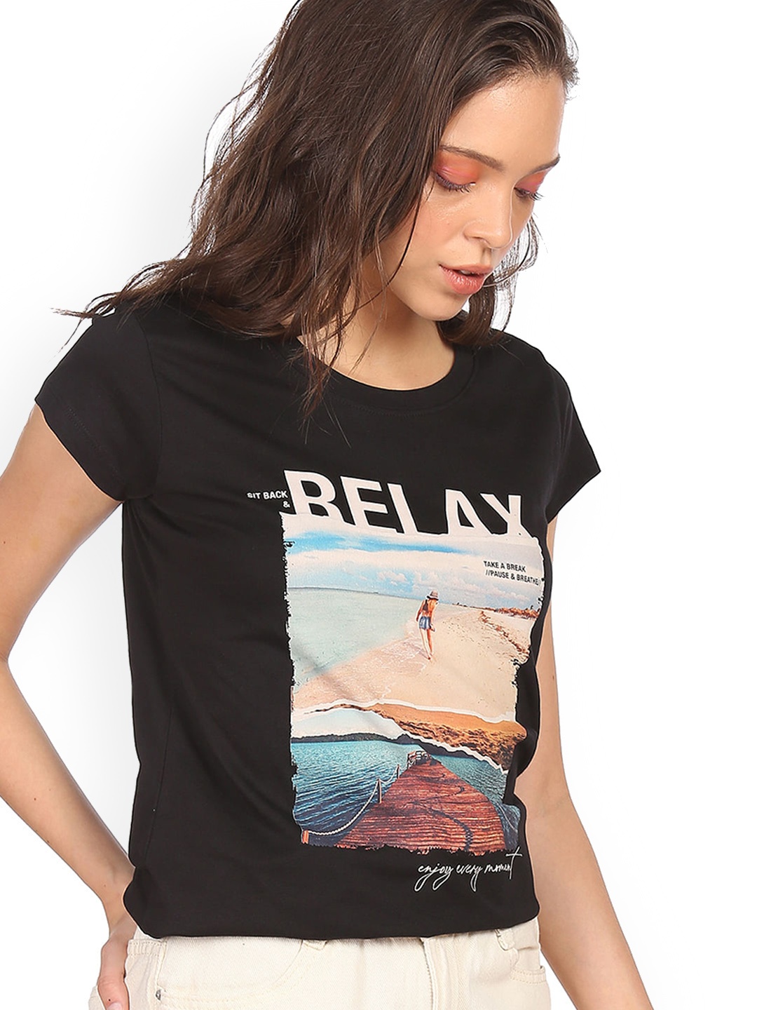 

Sugr Women Black & Beige Printed Cotton T-shirt