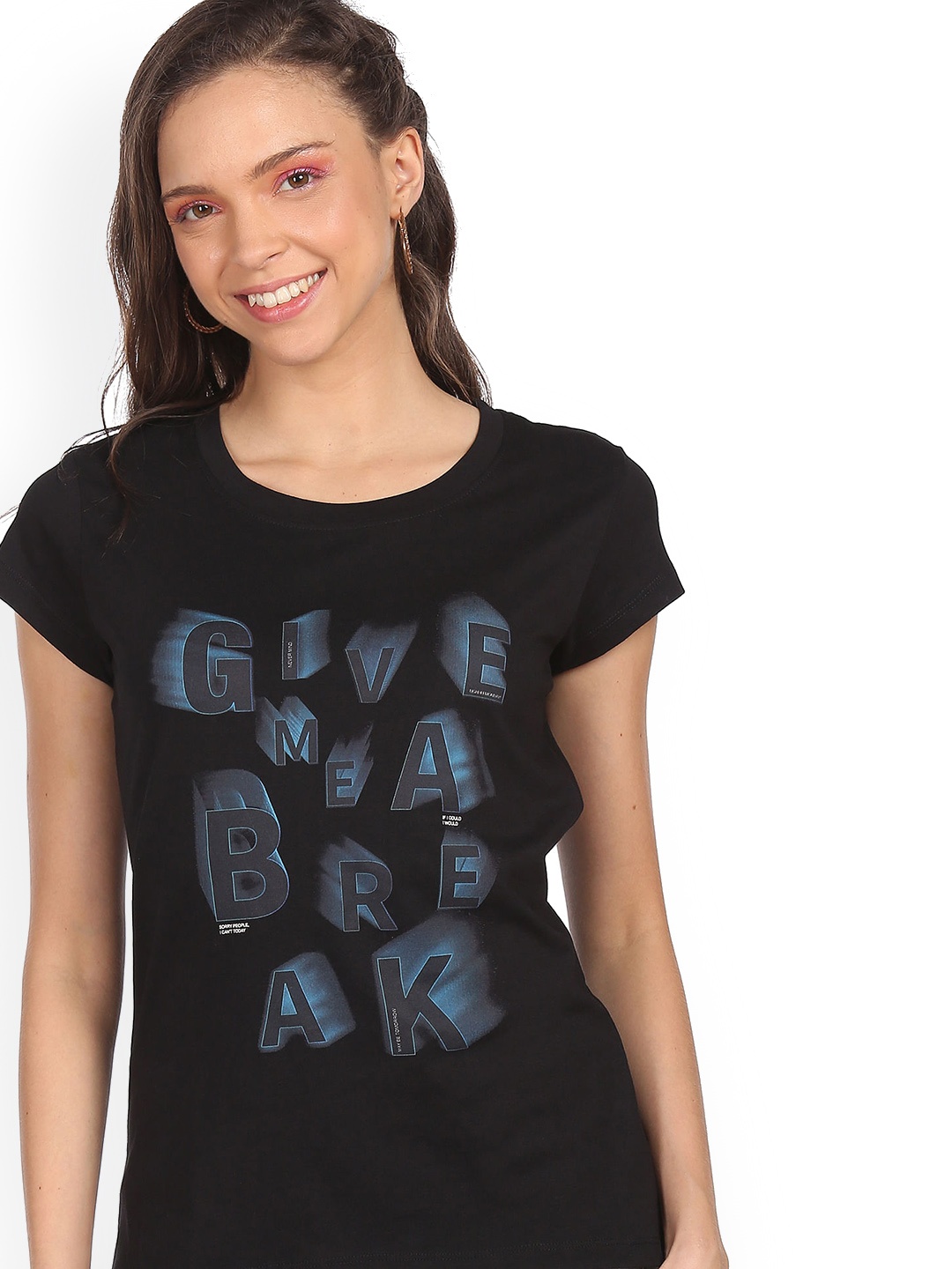 

Sugr Women Black & Blue Typography Printed Pure Cotton T-shirt
