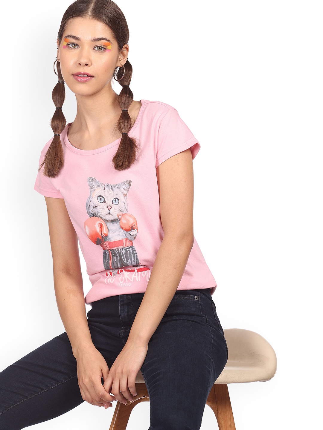 

Sugr Women Pink & Grey Printed Pure Cotton T-shirt