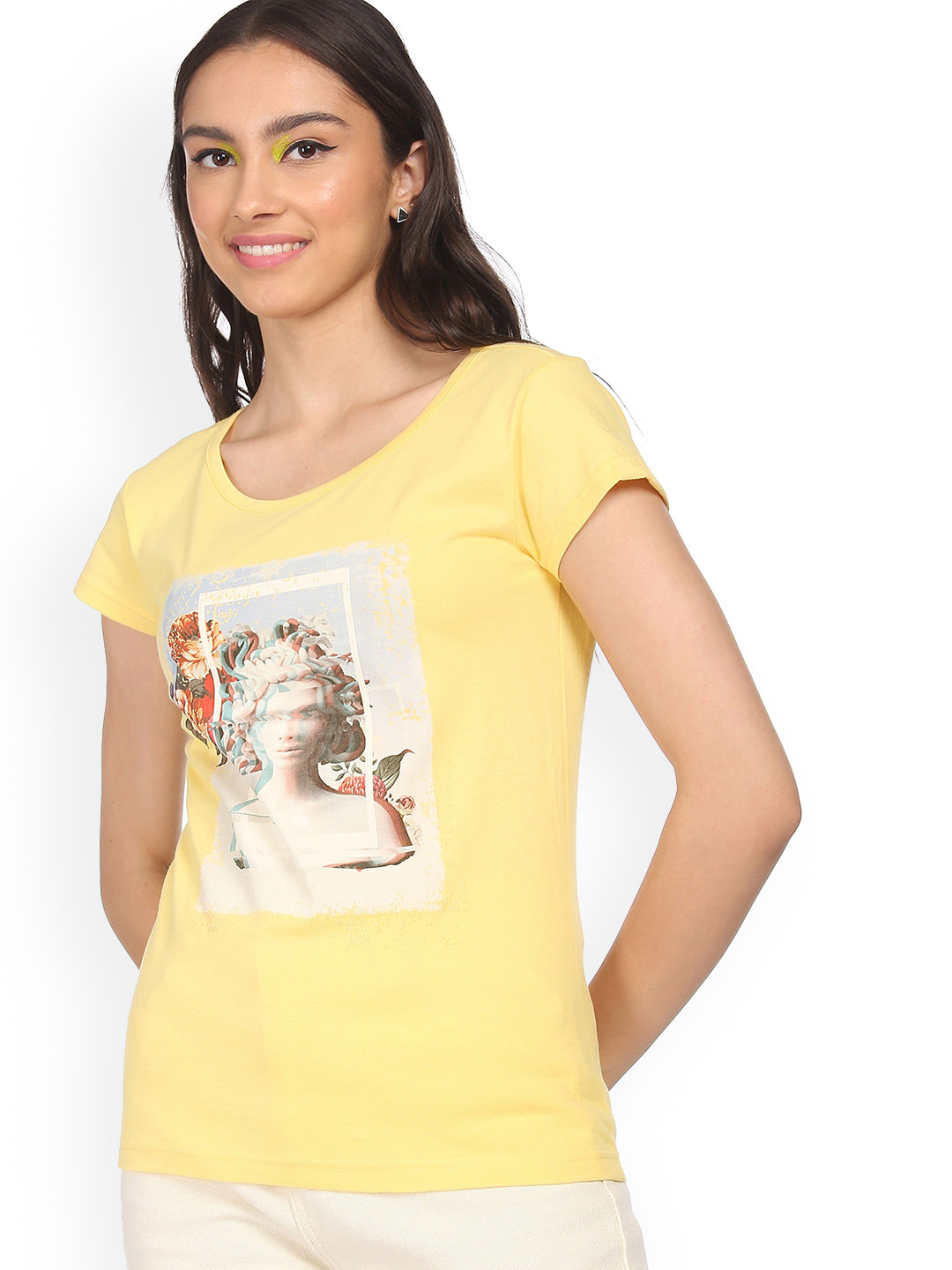 

Sugr Women Yellow Printed Pure Cotton T-shirt