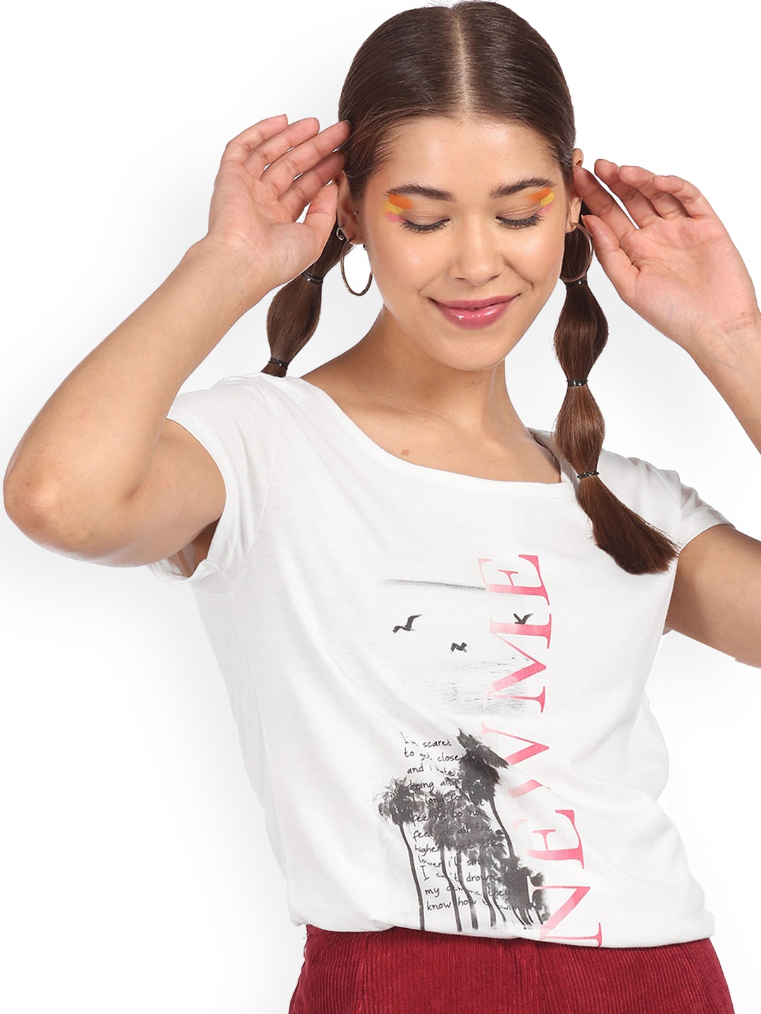 

Sugr Women White Floral Printed Pure Cotton Tropical T-shirt