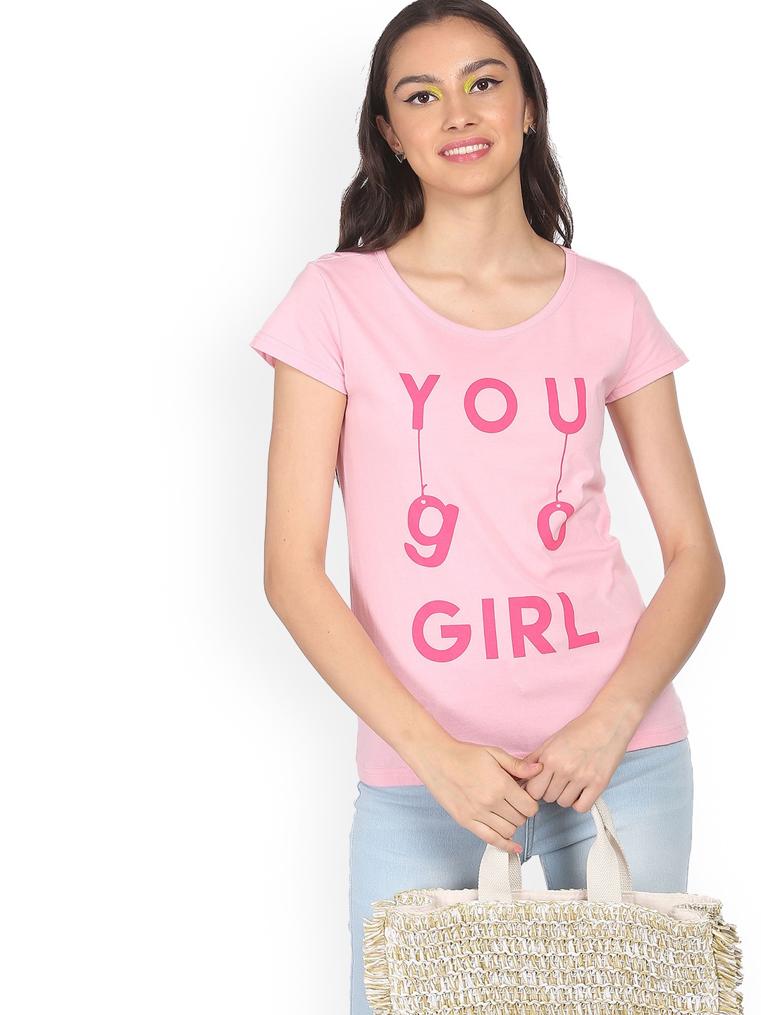 

Sugr Women Pink Typography Printed Raw Edge Cotton T-shirt