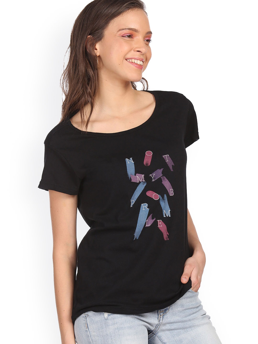 

Sugr Women Black Printed Pure Cotton T-shirt