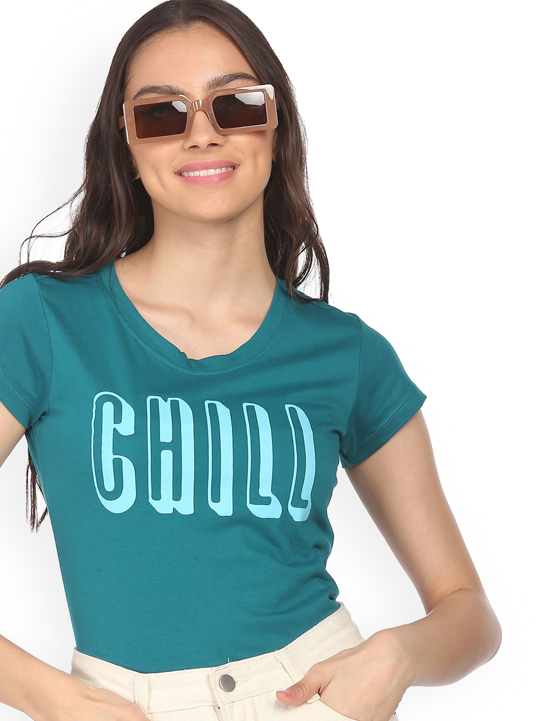

Sugr Women Blue Typography Printed T-shirt
