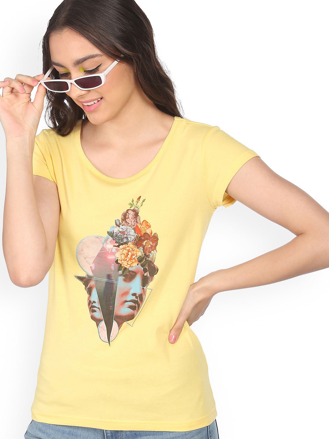 

Sugr Women Yellow Printed Pure Cotton T-shirt