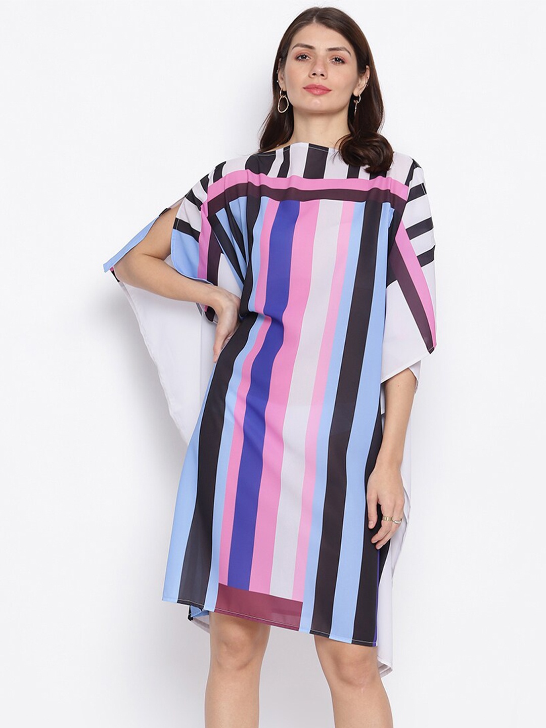 

iki chic Women Black & Lavender Striped Georgette Mini Kaftan Dress