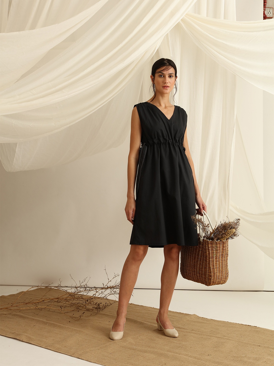 

blue hour Black Tie-Ups Cotton A-Line Dress