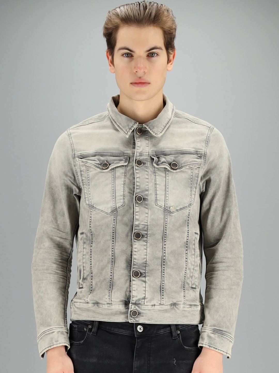 

FREESOUL Men Grey Washed Crop Denim Jacket