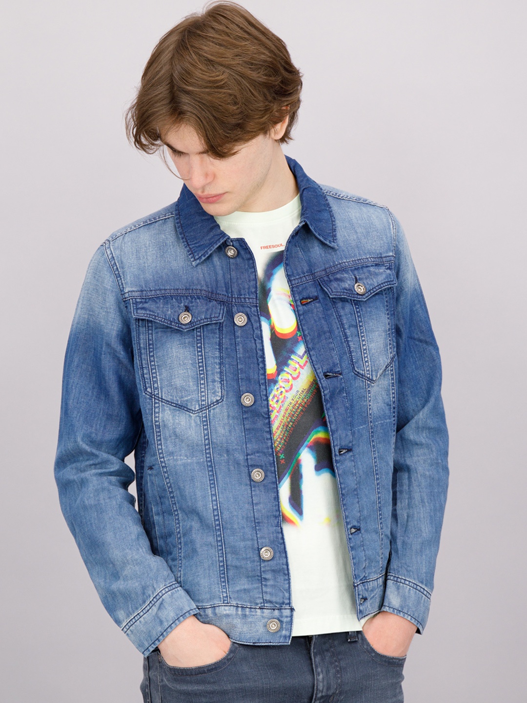 

FREESOUL Men Blue Washed Crop Denim Jacket