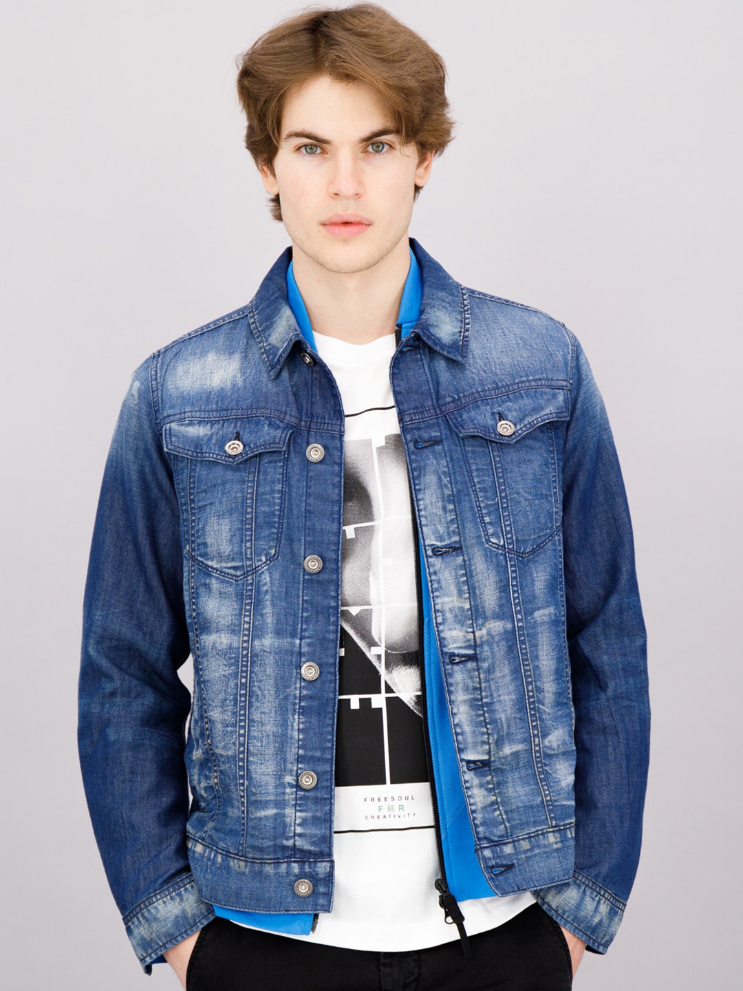 

FREESOUL Men Blue Washed Denim Jacket