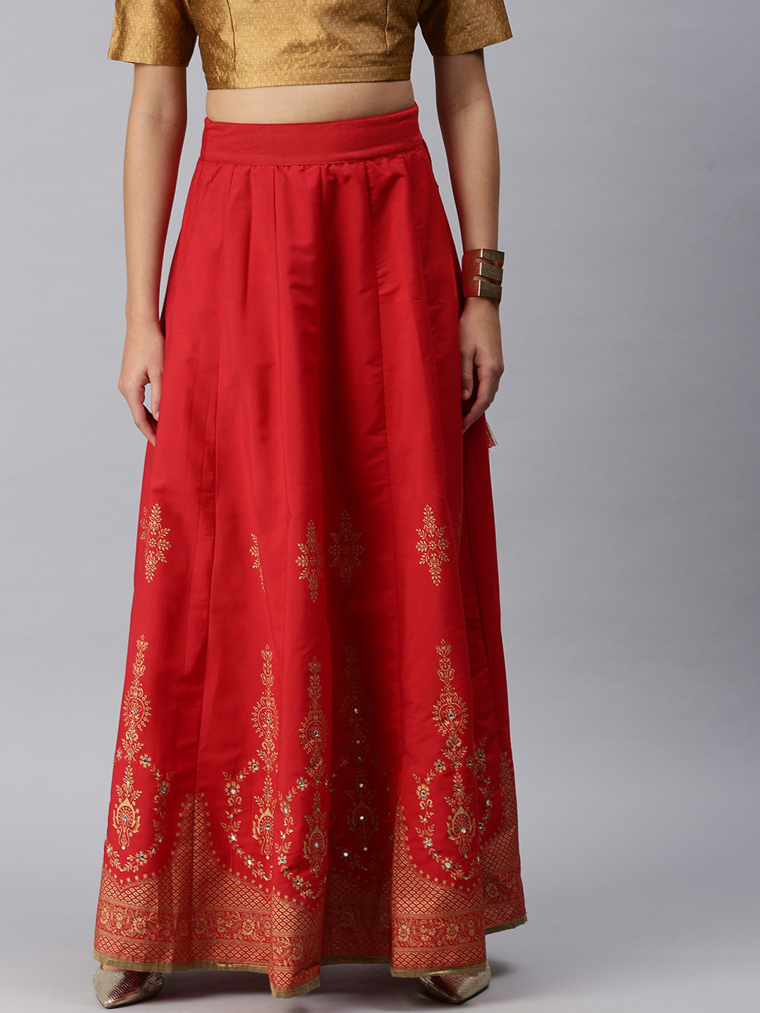 

De Moza Women Maroon Ethnic Printed Straight Maxi Skirt, Red