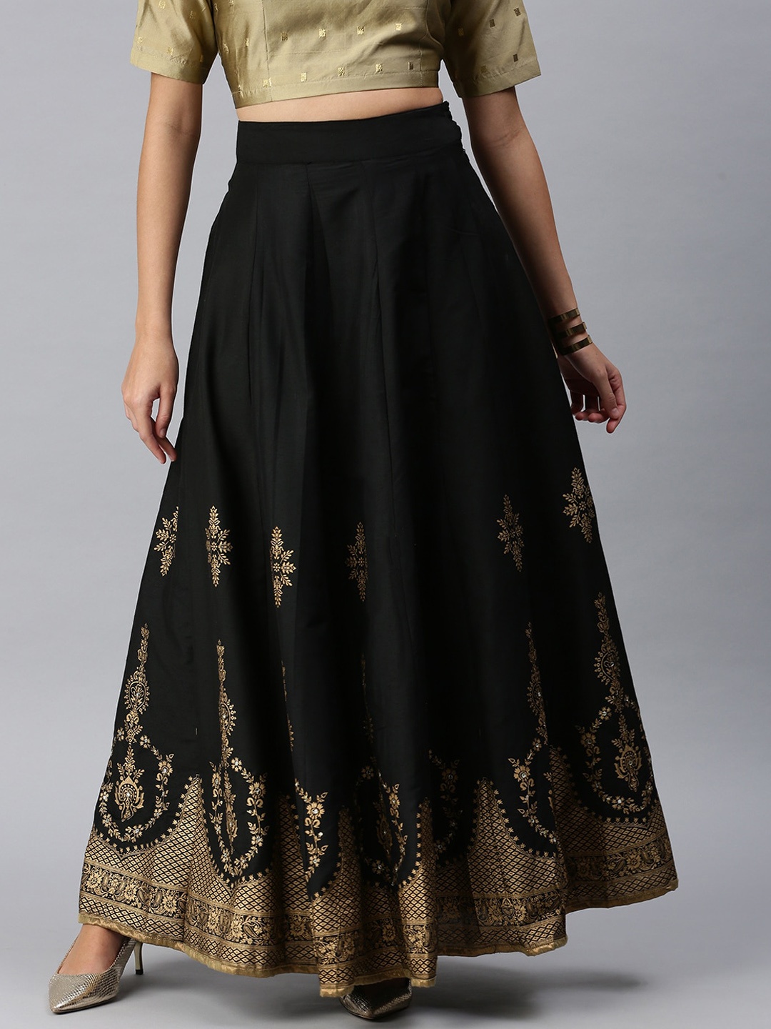 

De Moza Women Black & Gold-Coloured Printed Flared Skirt