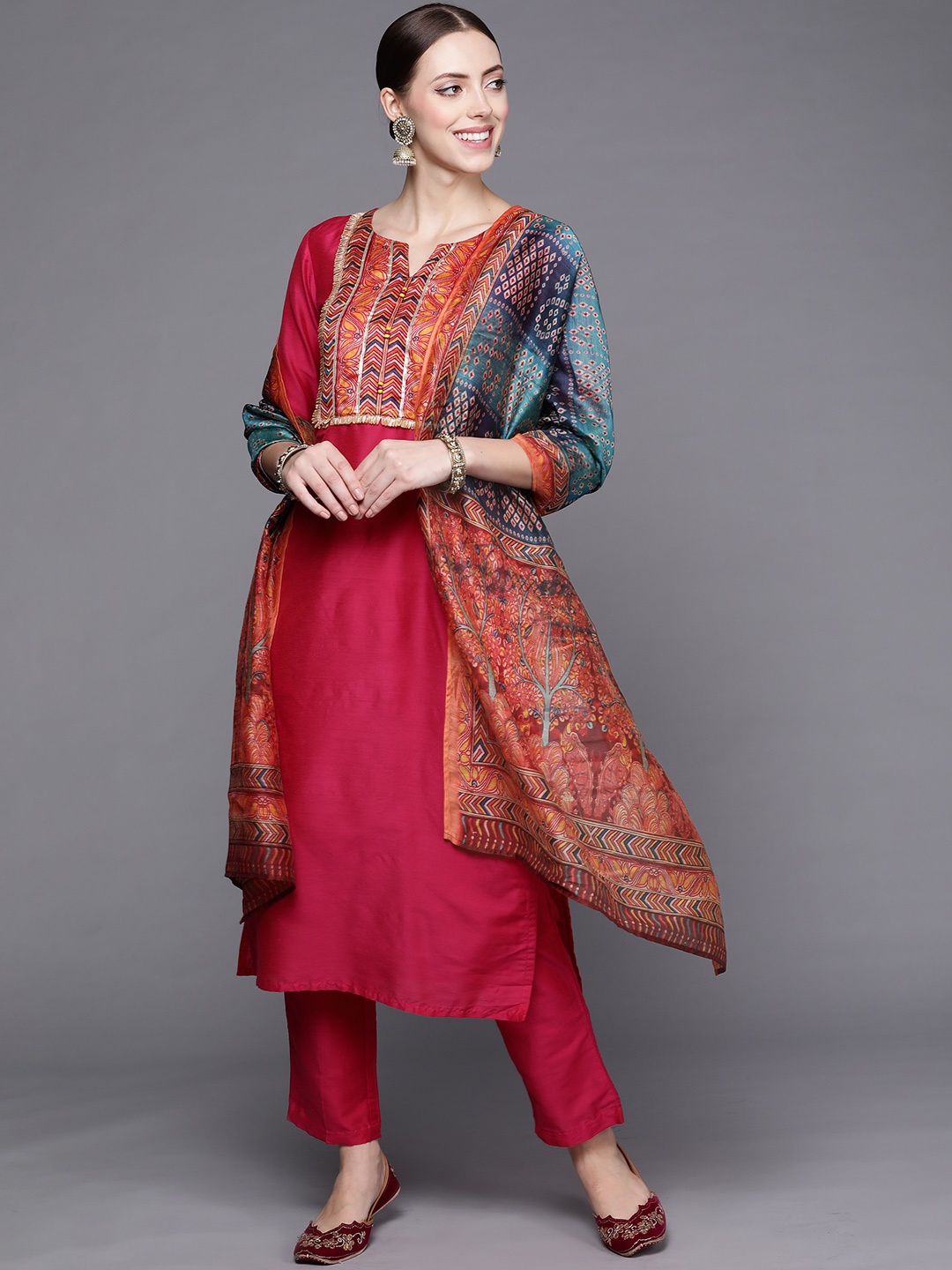 

Varanga Women Fuchsia Yoke Design Kurta with Trousers & With Dupatta