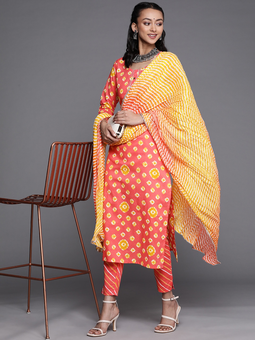 

Varanga Women Peach-Coloured Ethnic Motifs Printed Gotta Patti Cotton Kurta Set