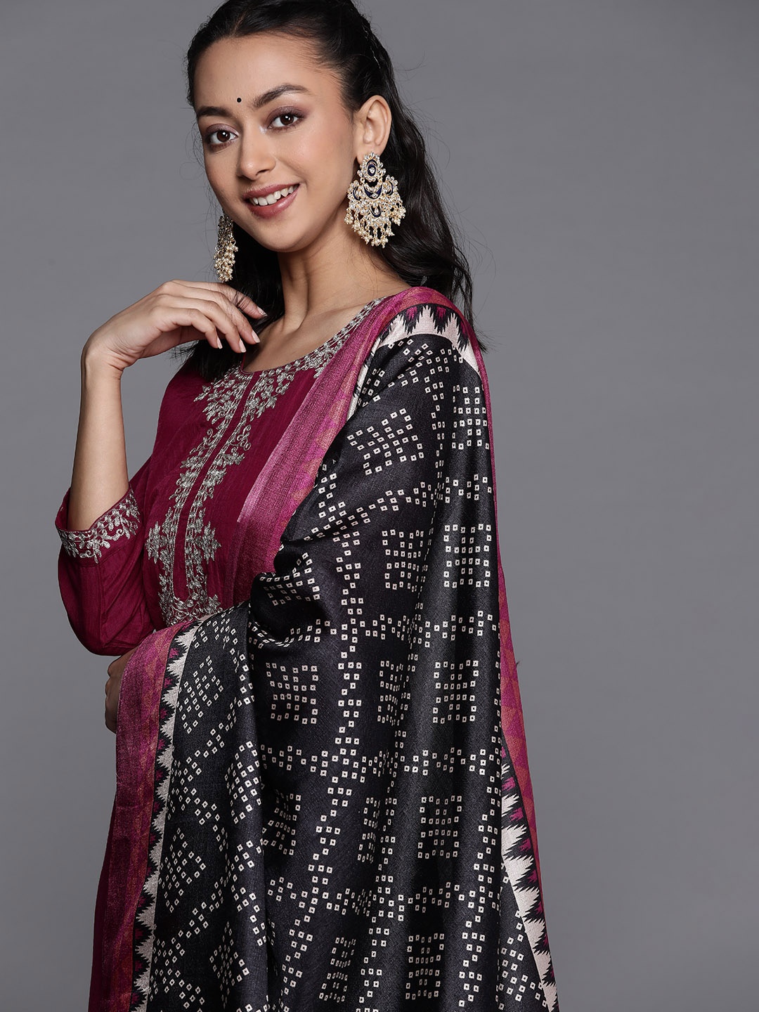 

Varanga Women Magenta Yoke Design Kurta with Trousers & With Dupatta