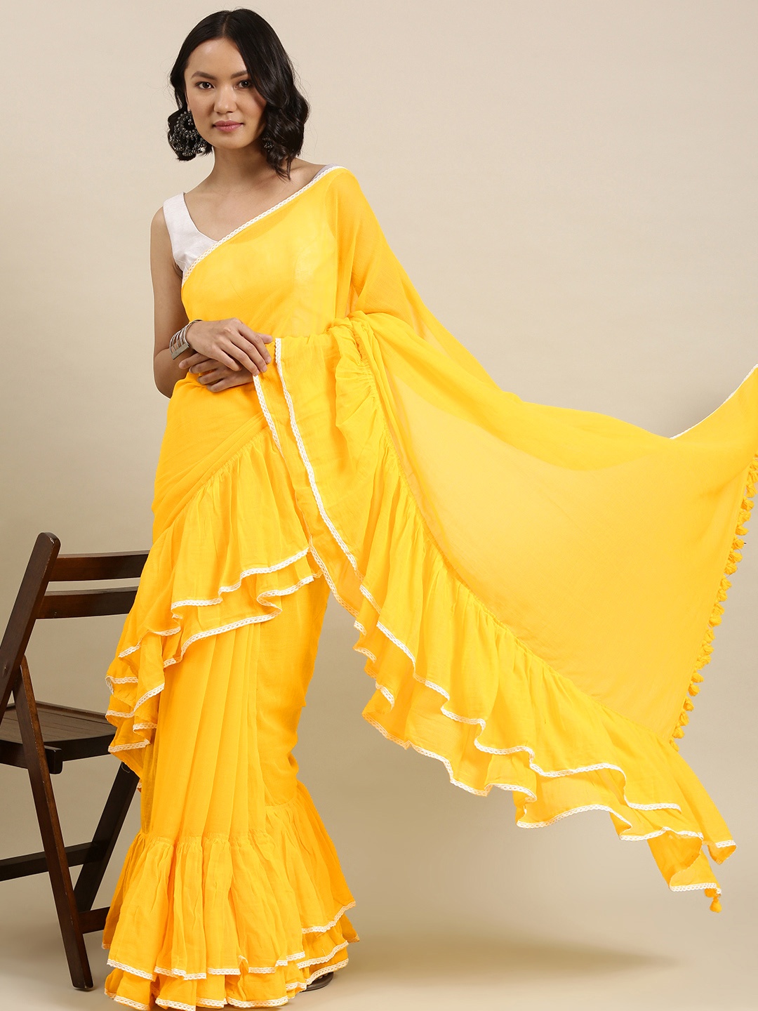 

Suta Yellow Pure Cotton Ruffle Saree with Lace taping