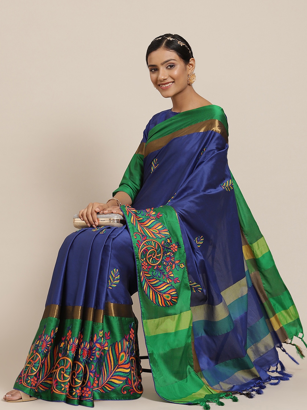 

SERONA FABRICS Blue & Green Ethnic Motifs Embroidered Silk Cotton Saree