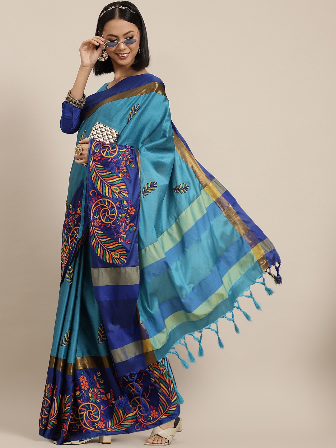 

SERONA FABRICS Blue & Yellow Ethnic Motifs Embroidered Silk Cotton Saree