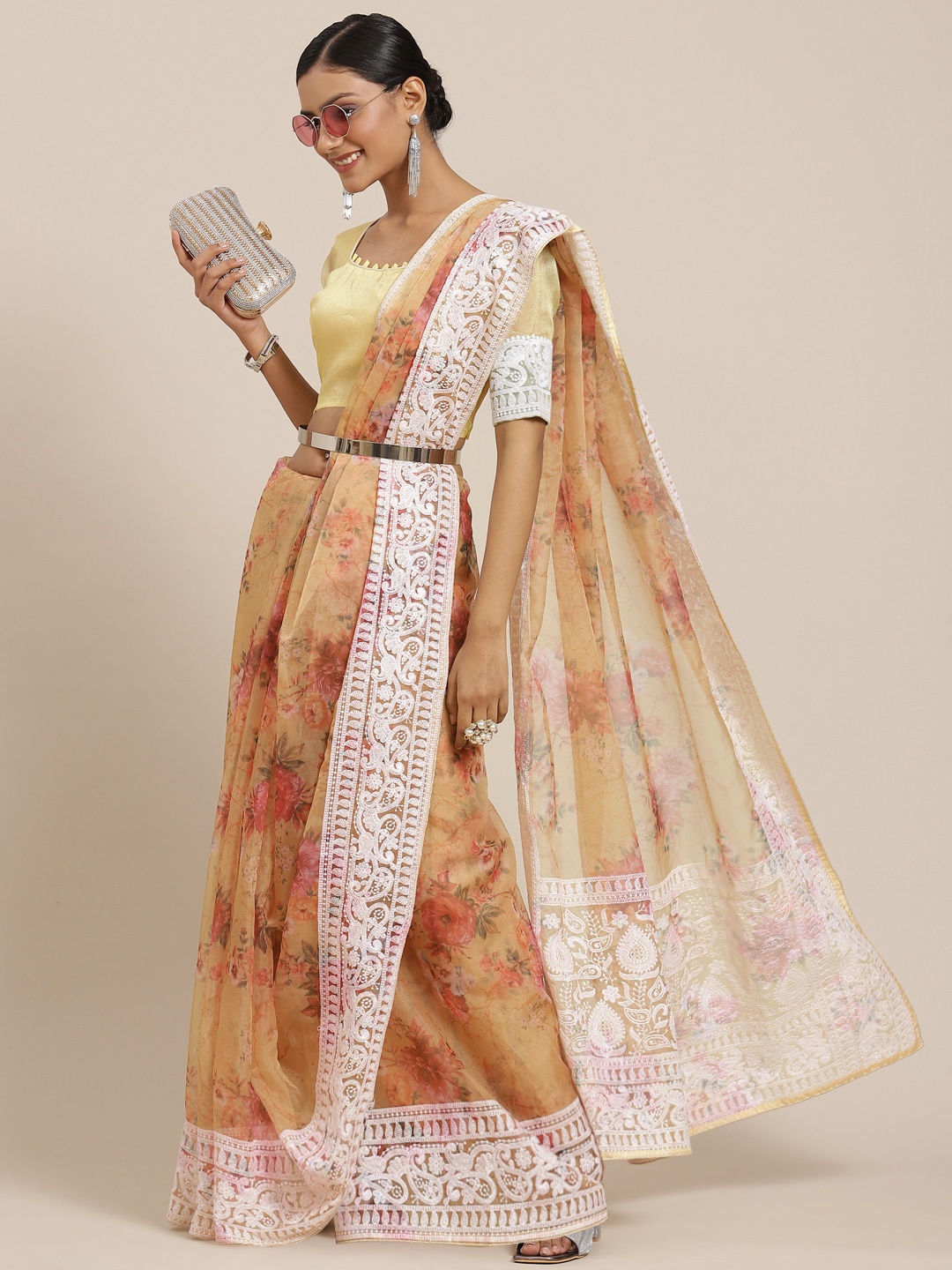 

SERONA FABRICS Yellow Floral Embroidered Organza Saree