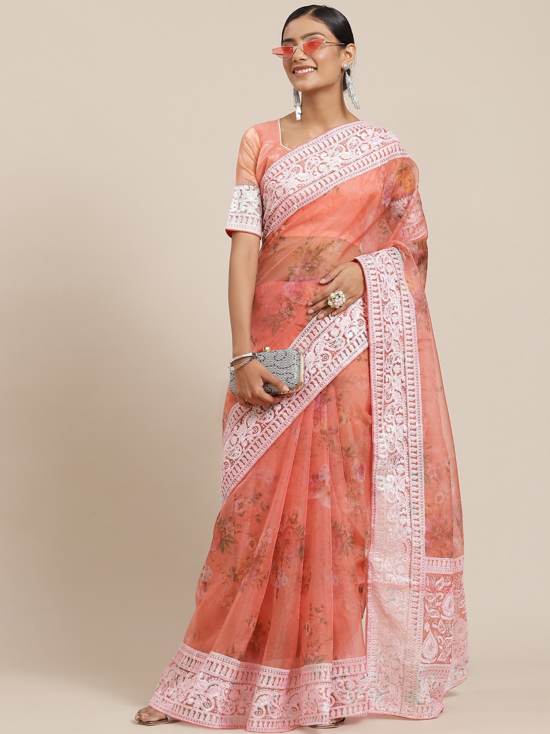 

SERONA FABRICS Orange Floral Embroidered Organza Saree