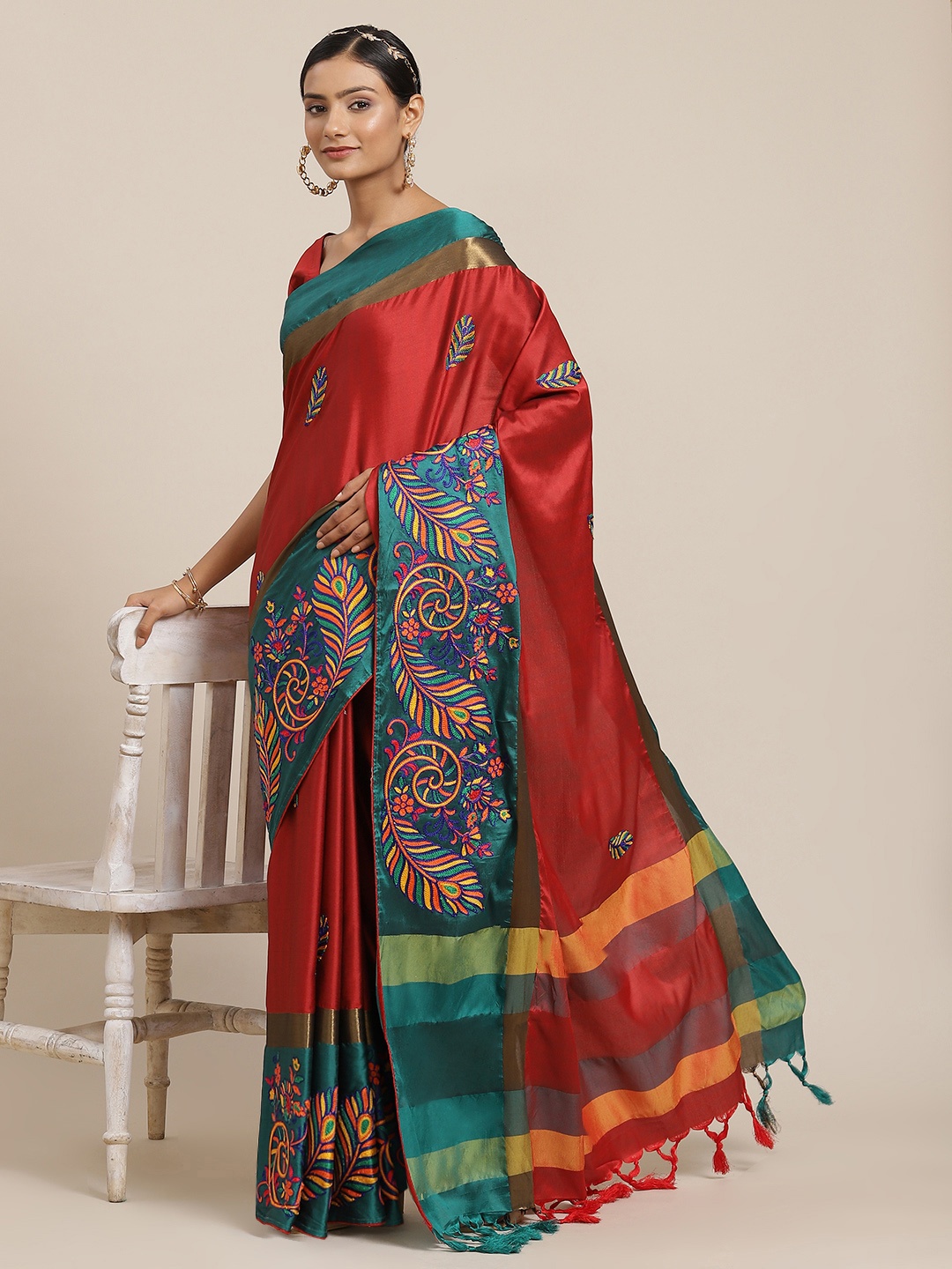 

SERONA FABRICS Maroon & Teal Ethnic Motifs Embroidered Silk Cotton Saree