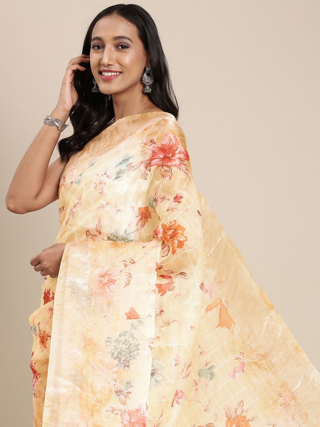 

VASTRANAND Yellow & Orange Floral Embroidered Organza Saree