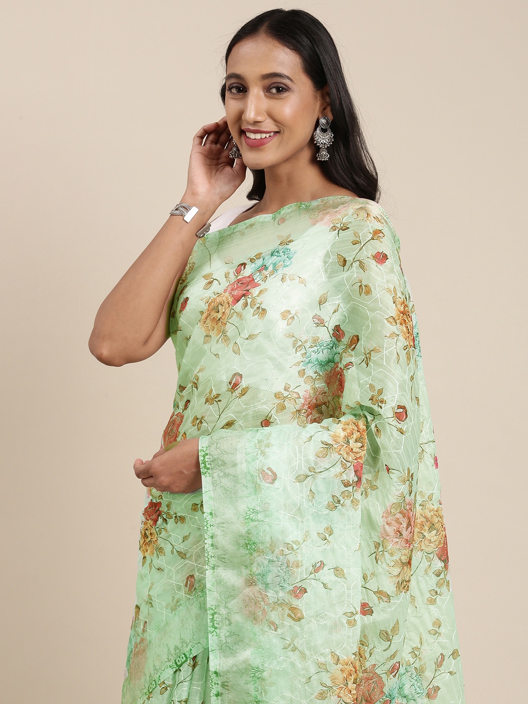 

VASTRANAND Green & Pink Floral Embroidered Organza Saree