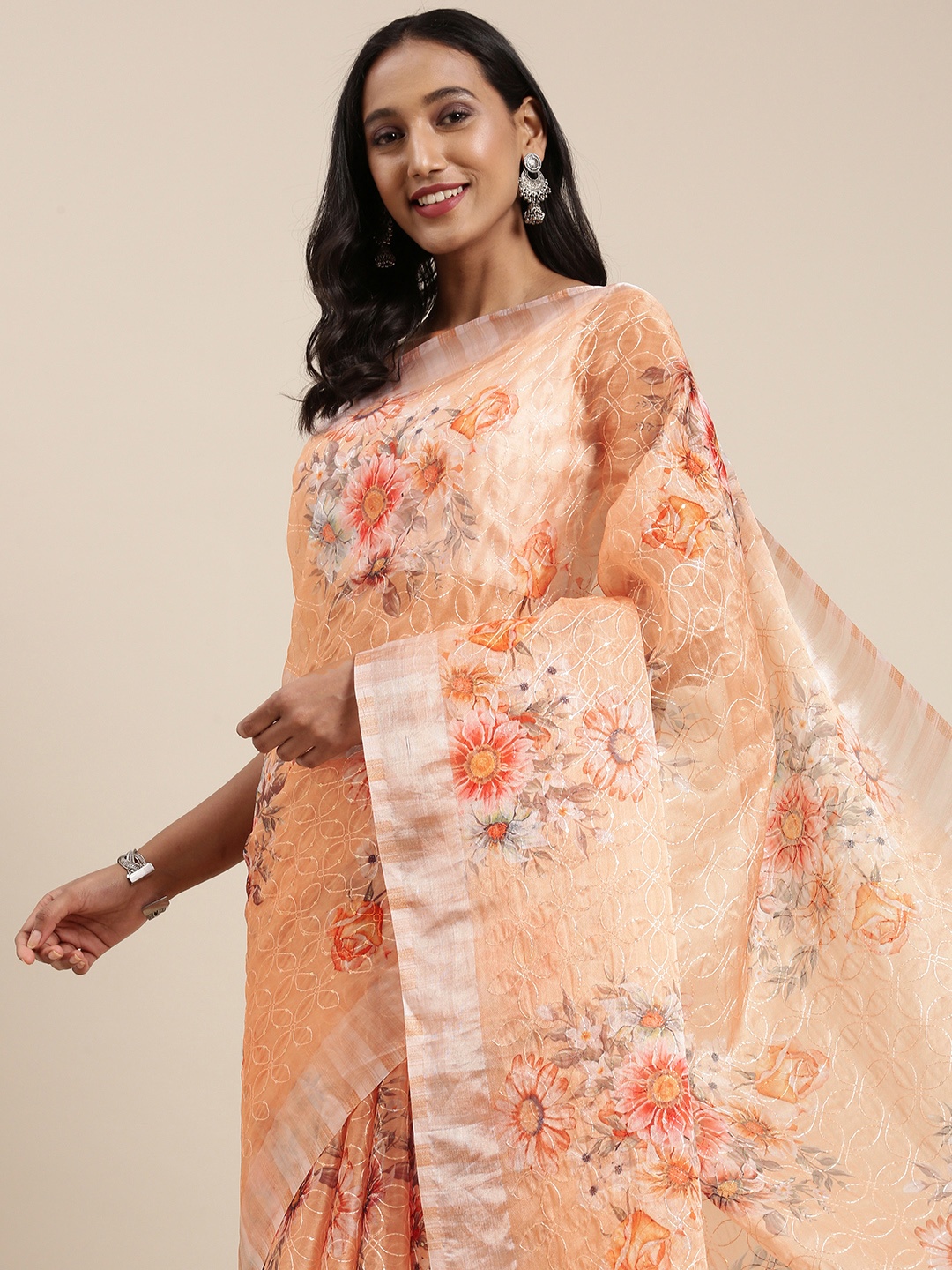 

VASTRANAND Orange & White Floral Embroidered Organza Saree