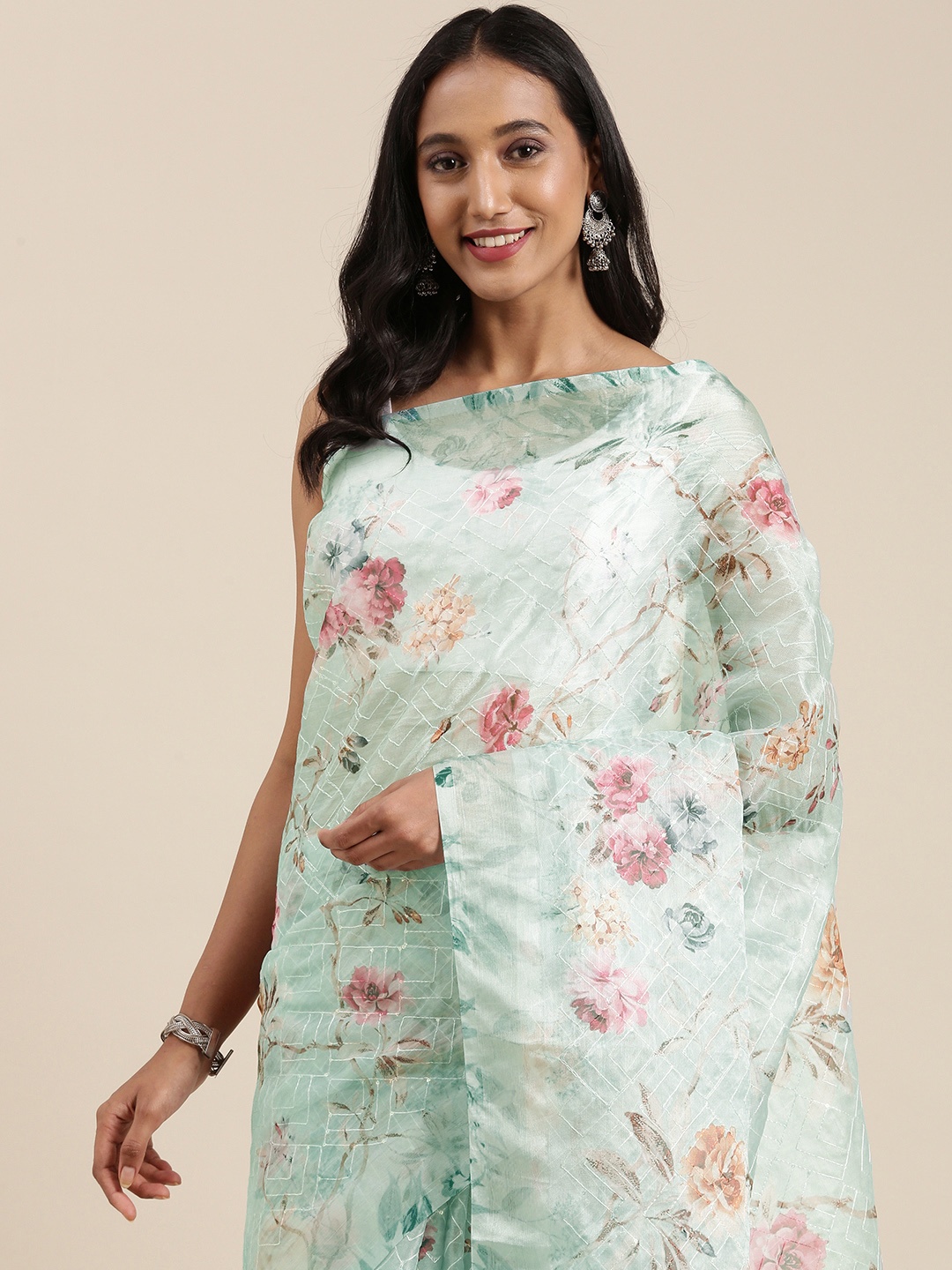 

VASTRANAND Blue & Pink Floral Embroidered Organza Saree