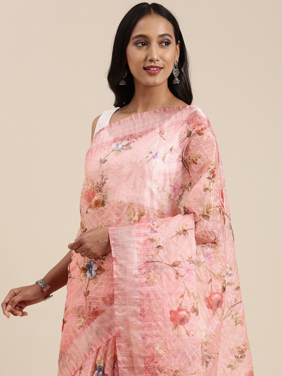 

VASTRANAND Pink & Brown Floral Embroidered Organza Saree