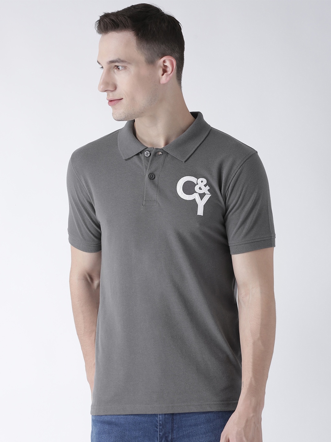 

Club York Men Grey Polo Collar Applique T-shirt