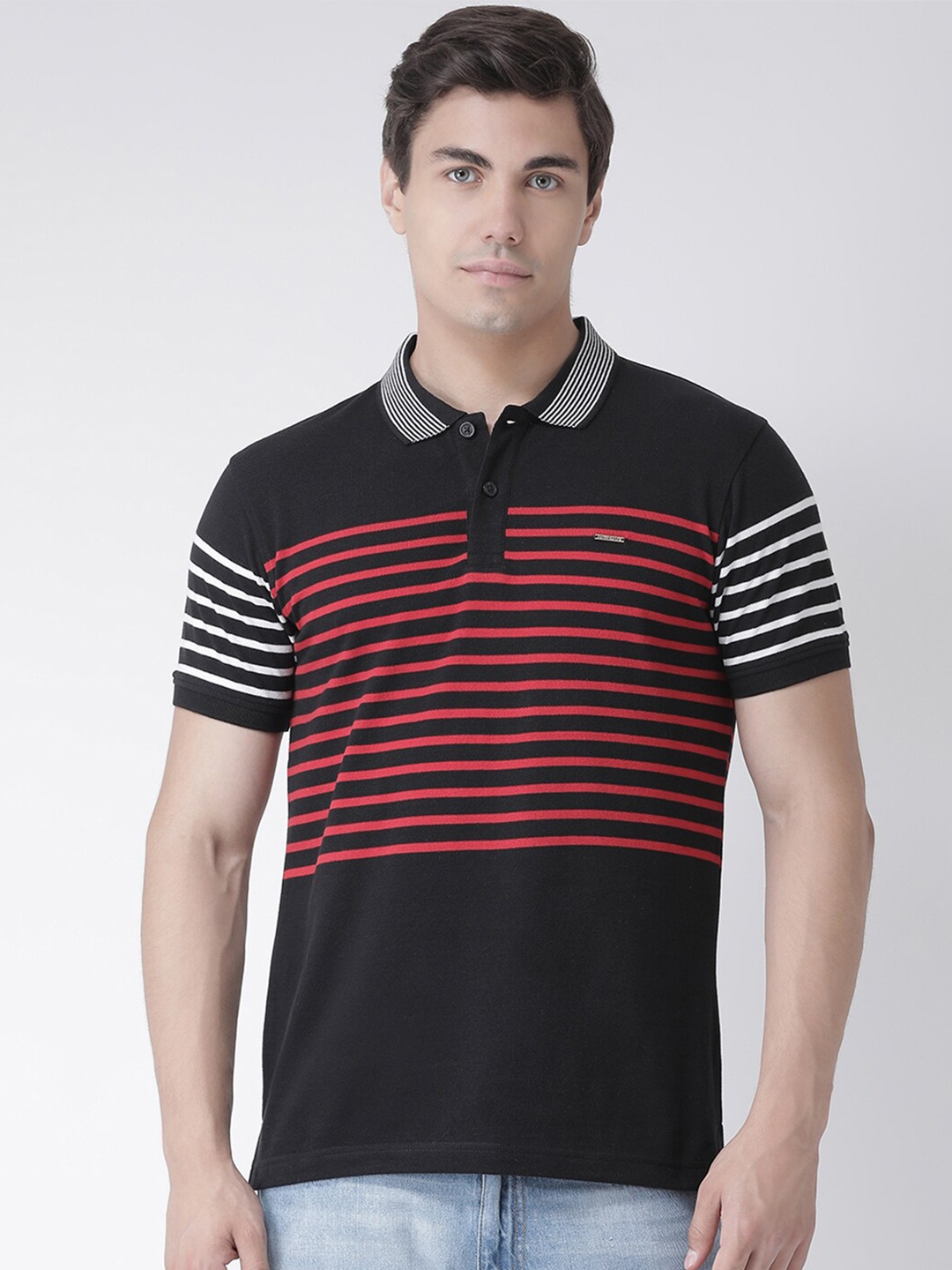 

Club York Men Black & Orange Striped Polo Collar T-shirt