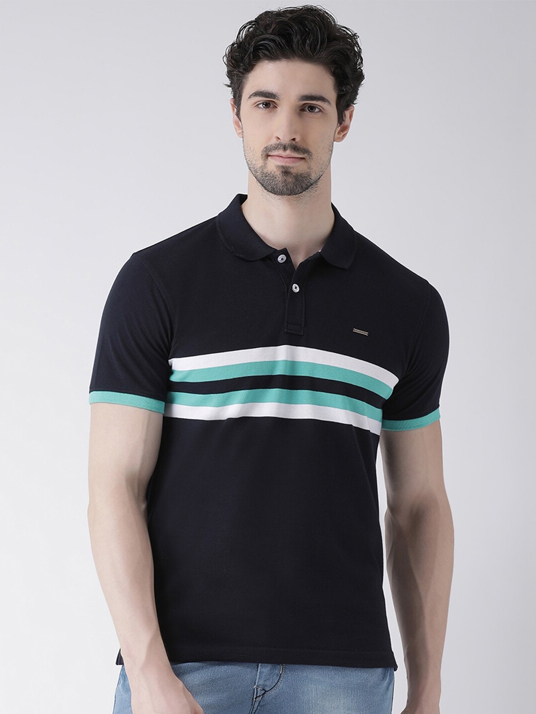 

Club York Men Navy Blue Colourblocked Polo Collar Cotton T-shirt