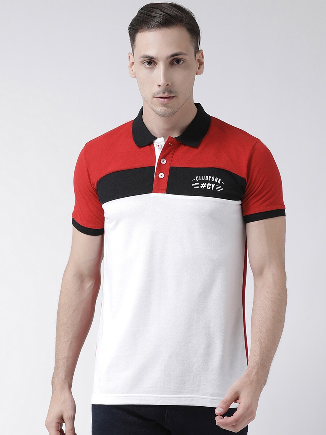 

Club York Men Red & White Colourblocked Polo Collar T-shirt