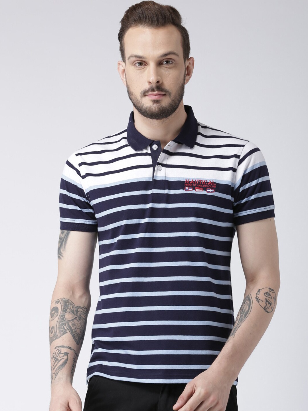 

Club York Men Navy Blue Striped Polo Collar Cotton T-shirt