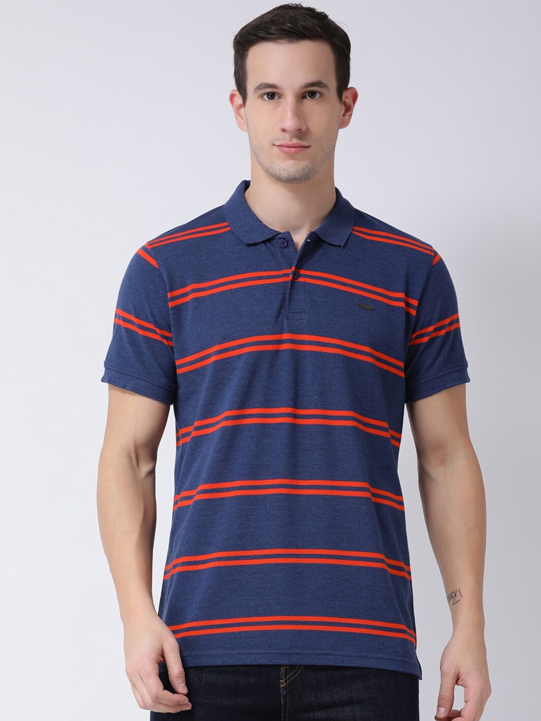 

Club York Men Navy Blue & Orange Striped Polo Collar T-shirt