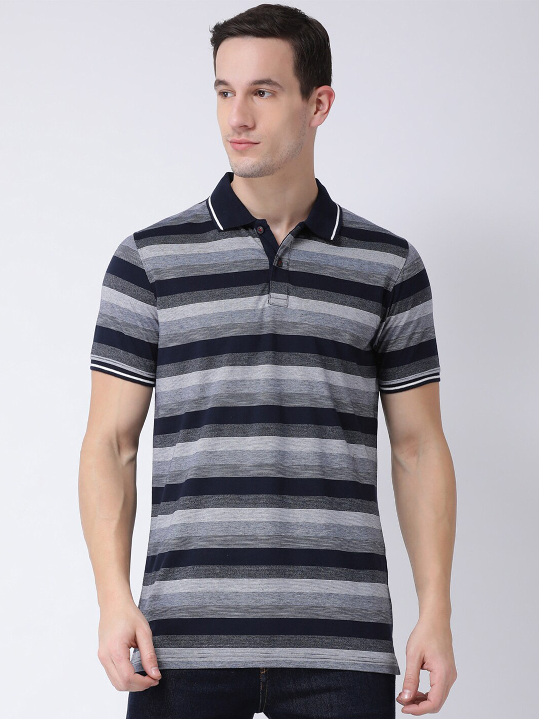 

Club York Men Navy Blue & Grey Striped Polo Collar Cotton T-shirt