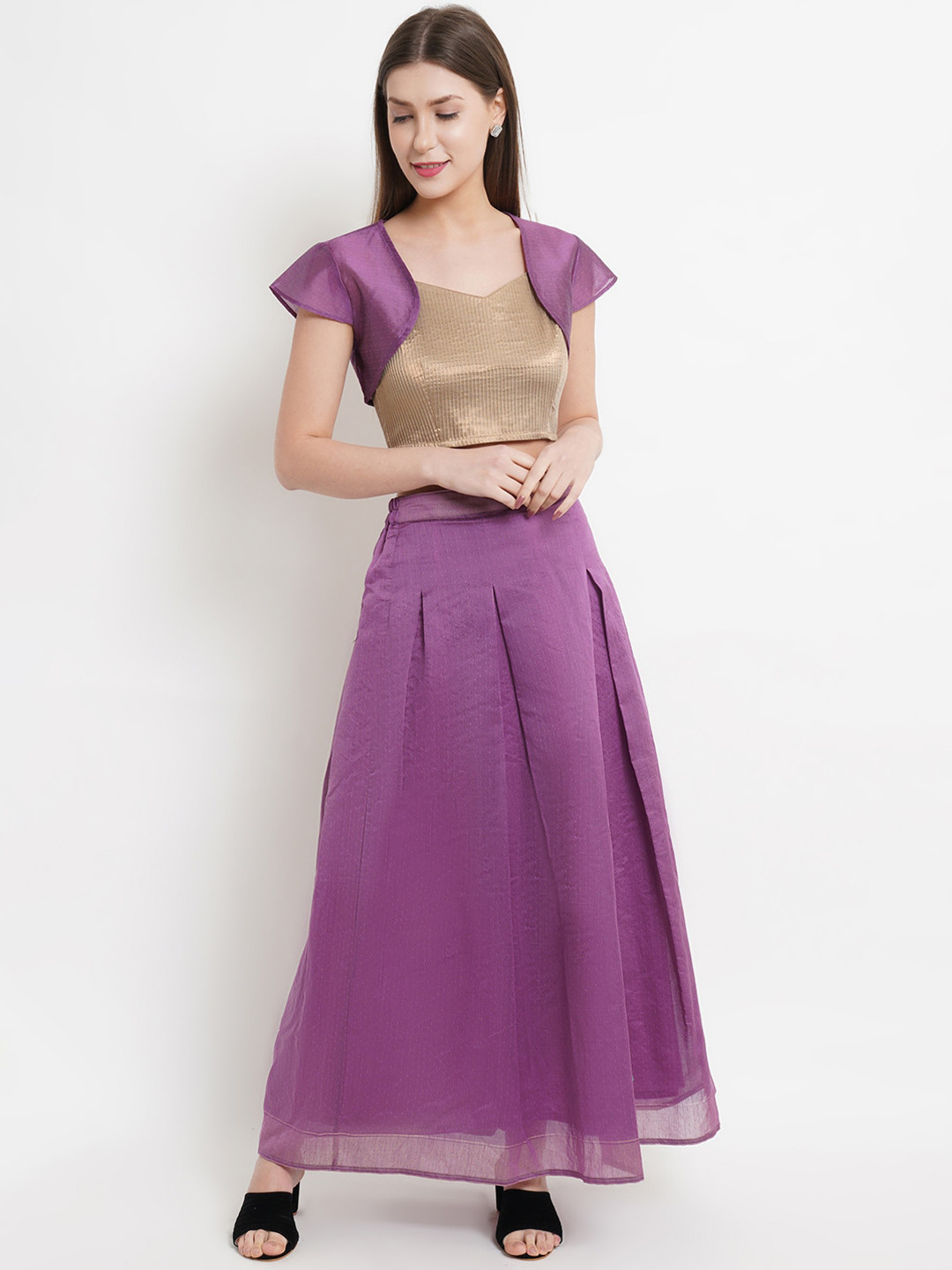 

Purple State Women Golden Striped Crop Top & Skirt With Crop Shrug