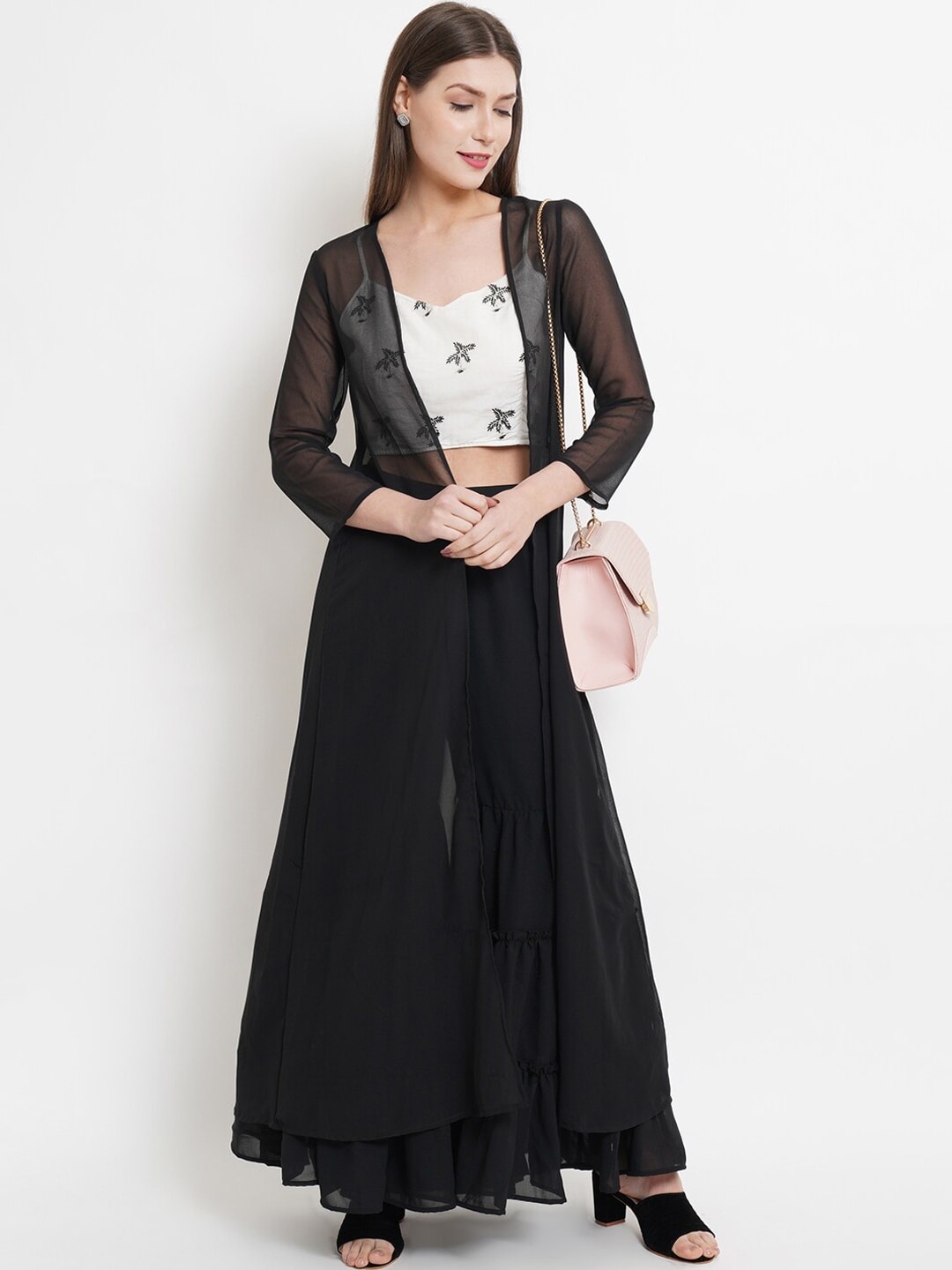

Purple State Women White Embroidered Crop Top & Sharara With Shrug