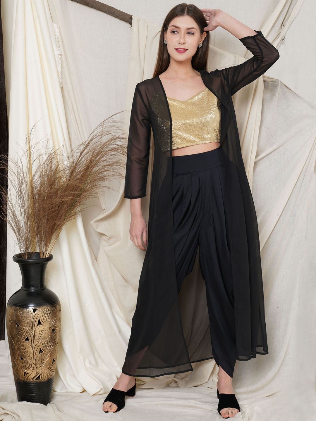 

Purple State Women Golden Crop Top & Dhoti Pants With Shrug, Gold