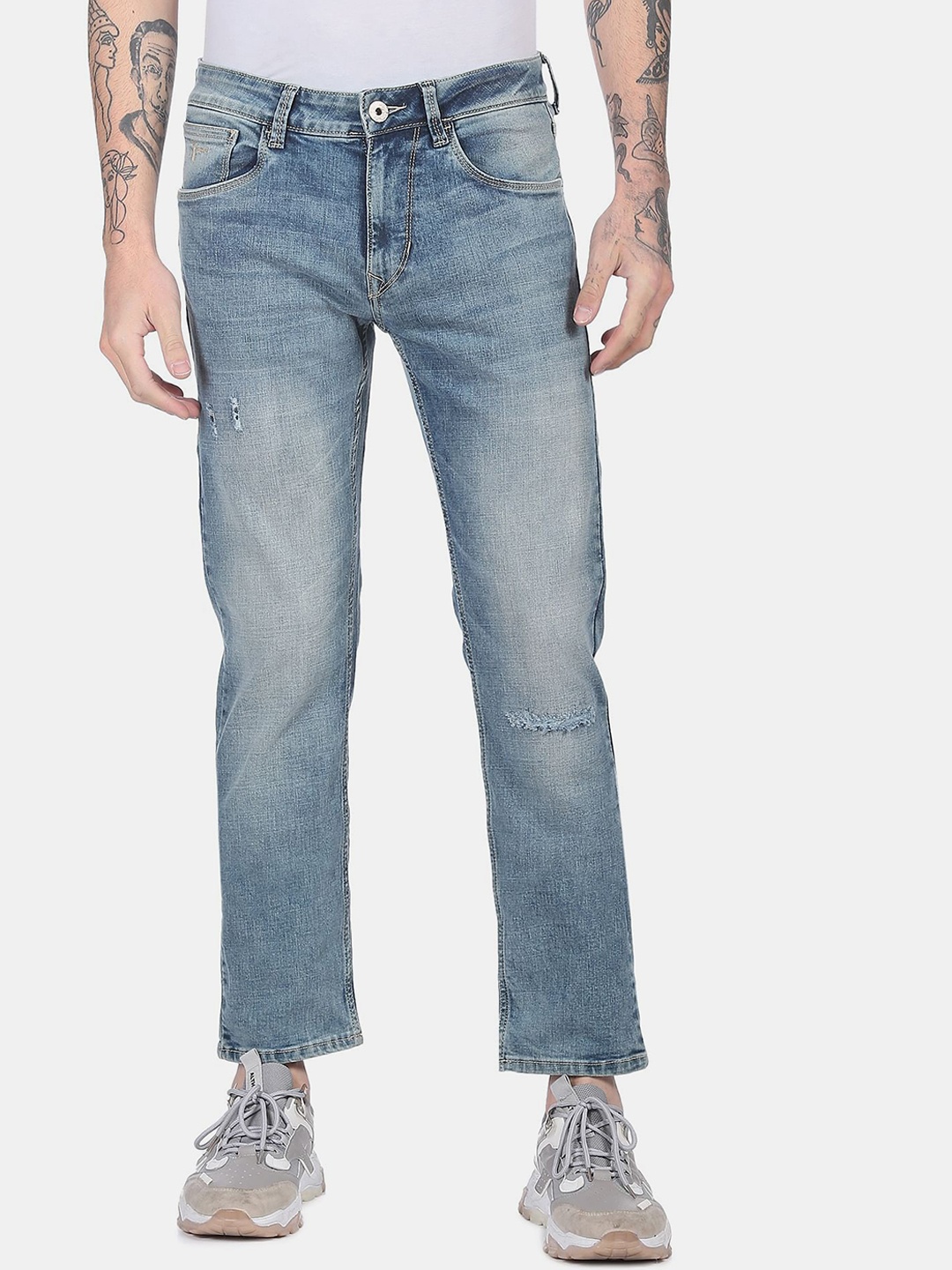 

Flying Machine Men Blue Tapered Fit Mildly Distressed Heavy Fade Cotton Jeans