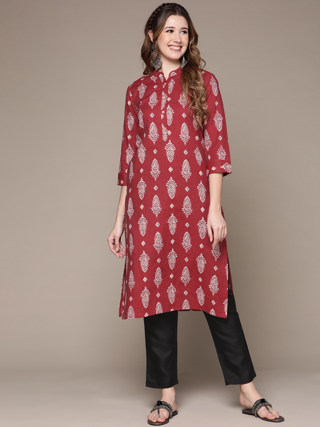 

Anubhutee Women Maroon Ethnic Motifs Printed Woven Design Pure Cotton Kurta with Trousers