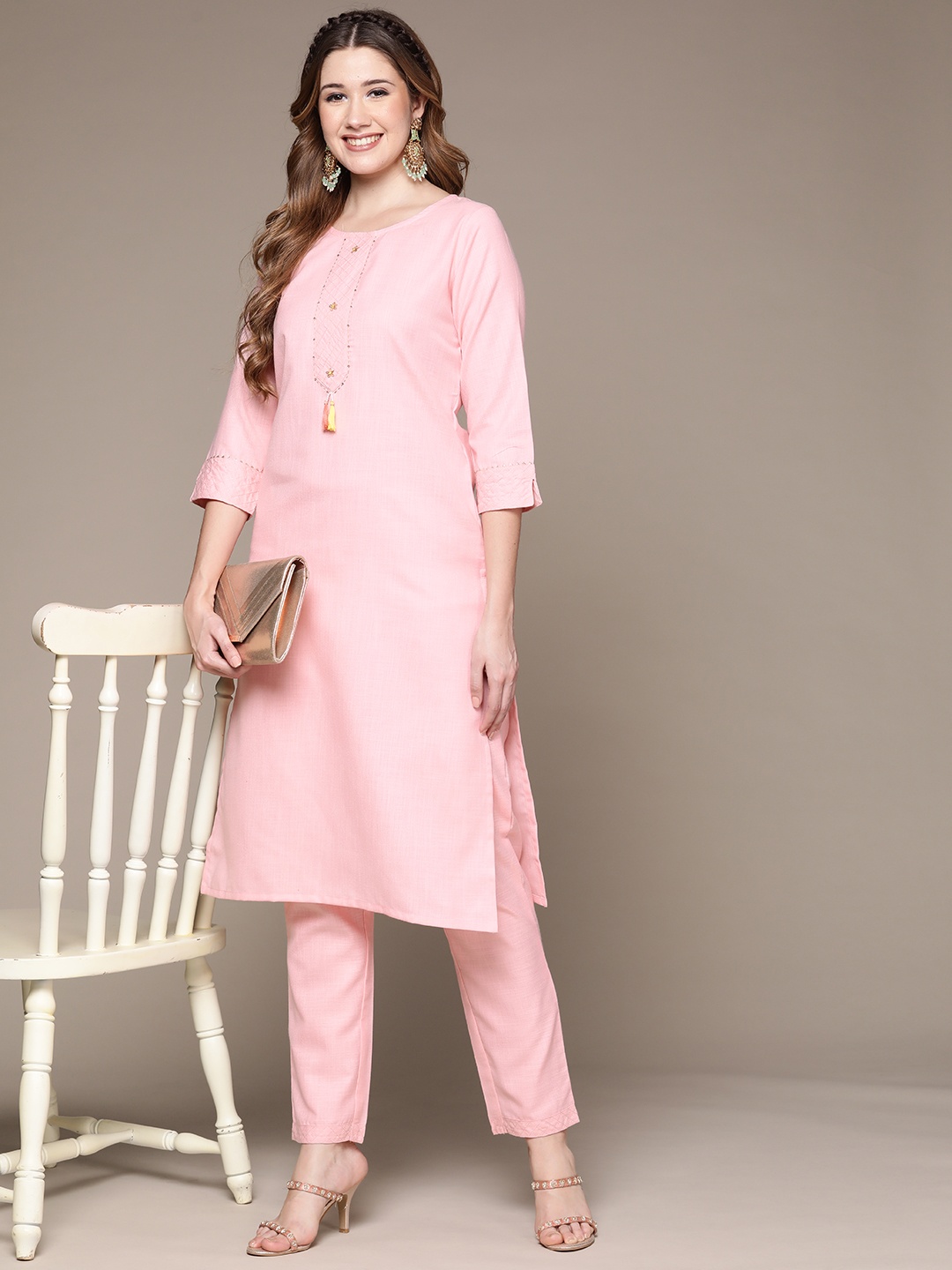 

Anubhutee Women Pink Woven Design Sequinned Kurta with Trousers