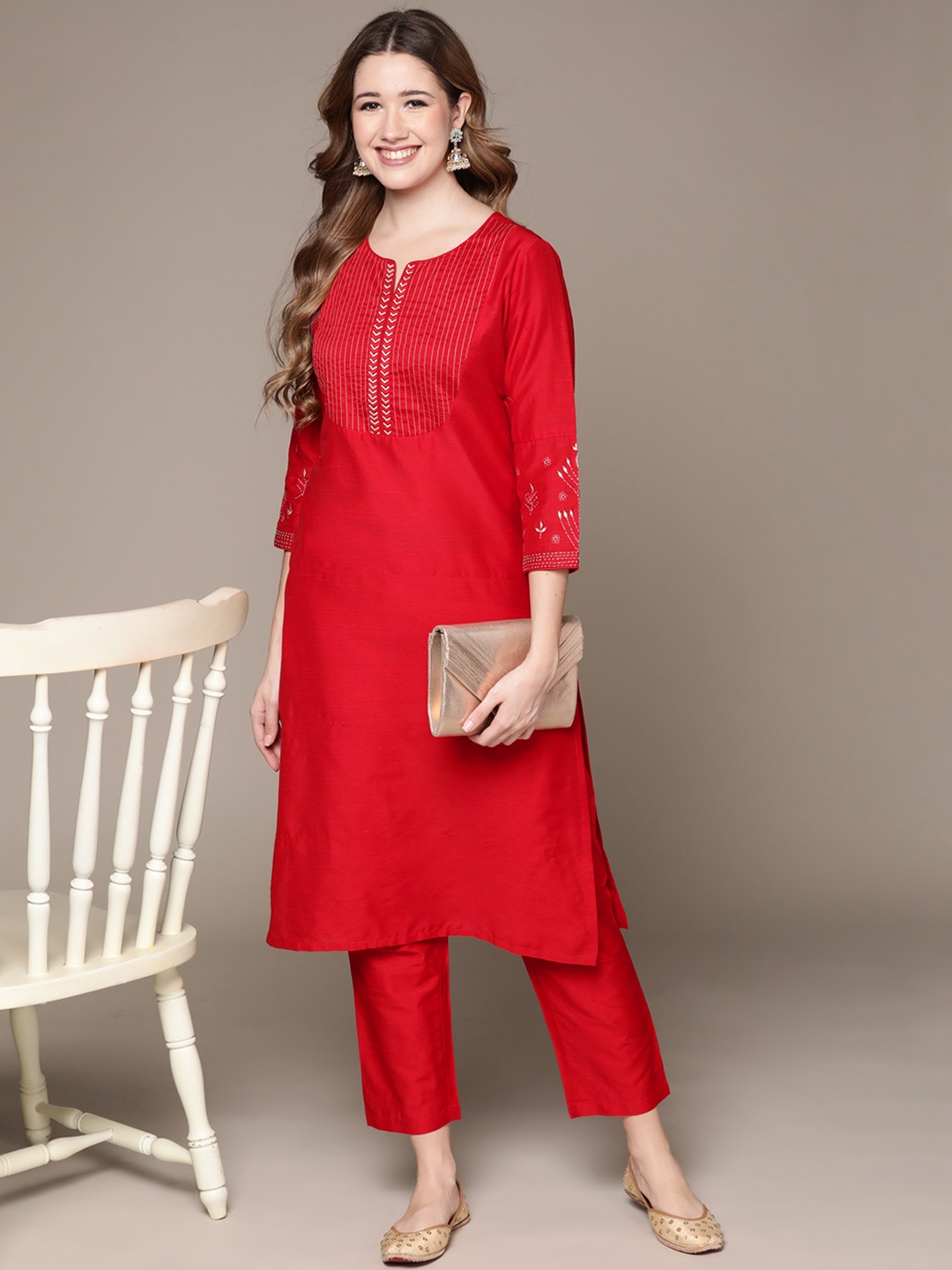 

Ishin Women Red Embroidered Kurta with Trousers