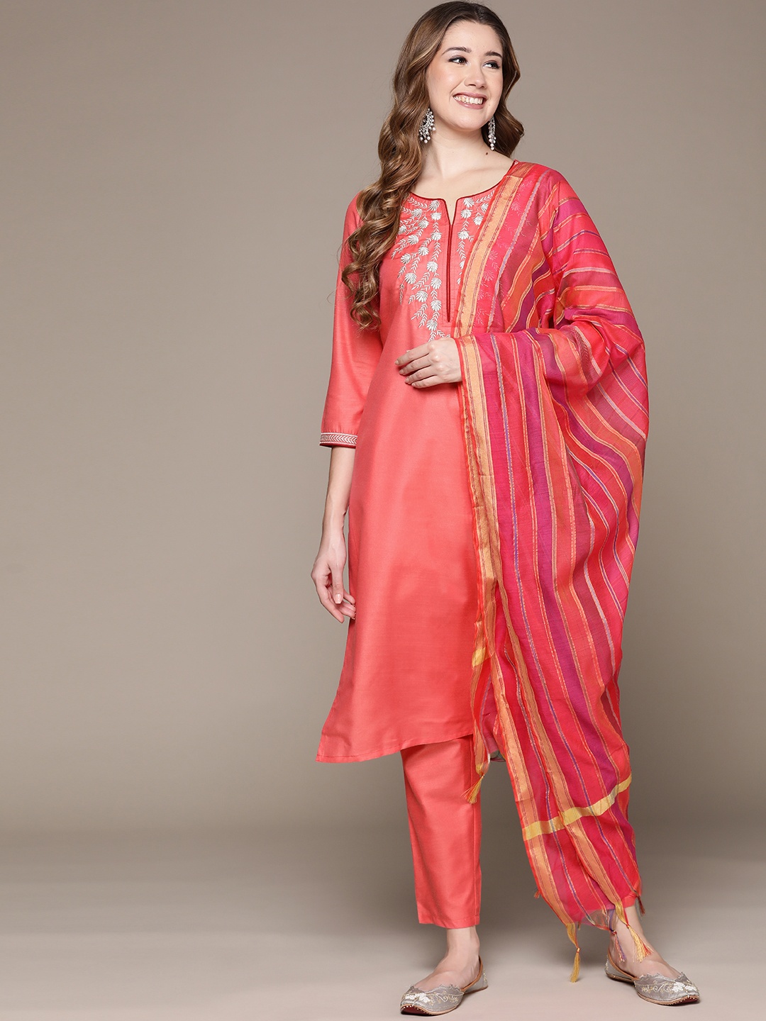 

Anubhutee Women Coral Floral Embroidered Kurta with Trousers & Dupatta