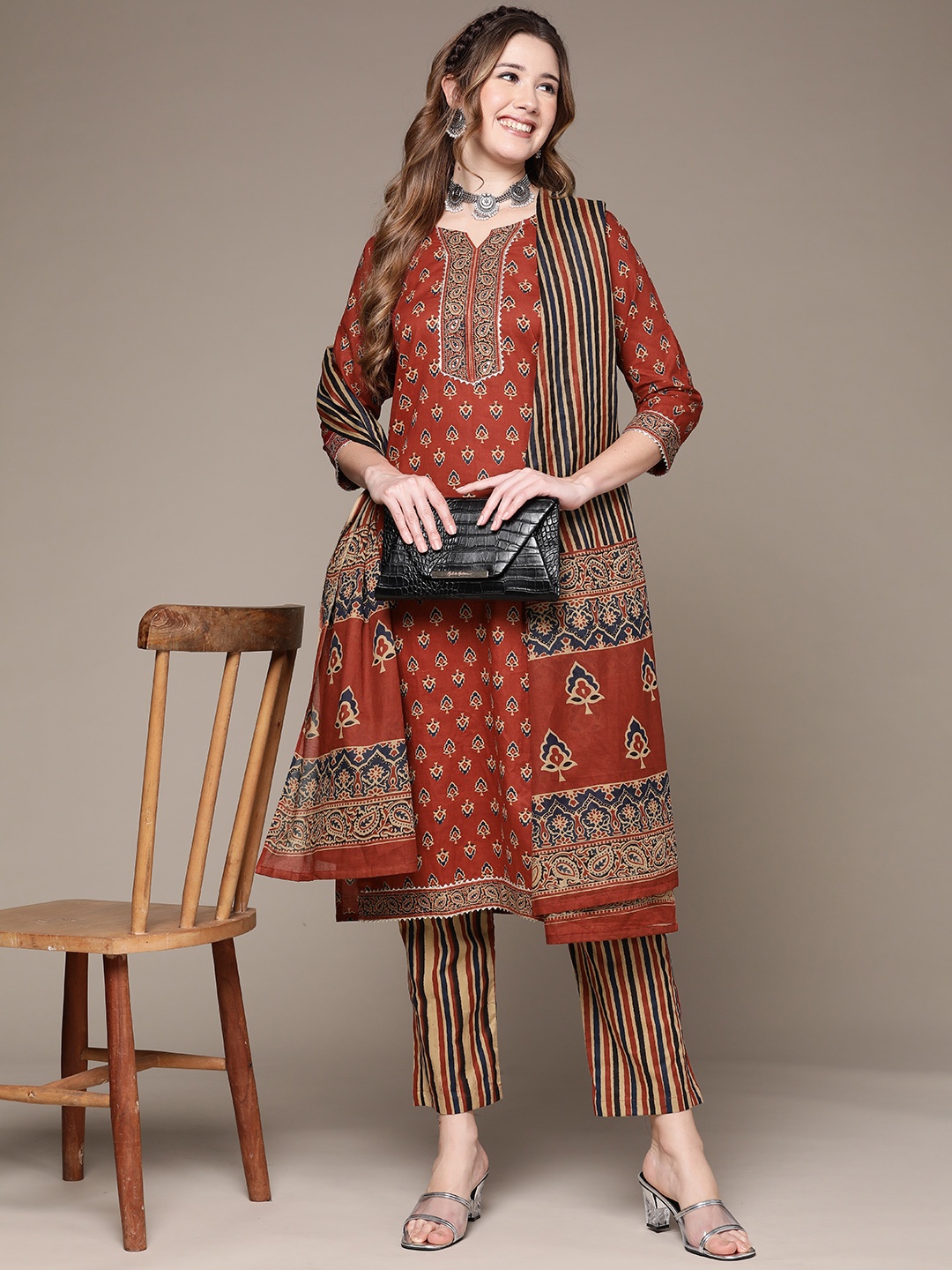

Anubhutee Women Rust Red Ethnic Motifs Printed Pure Cotton Kurta with Trousers & Dupatta