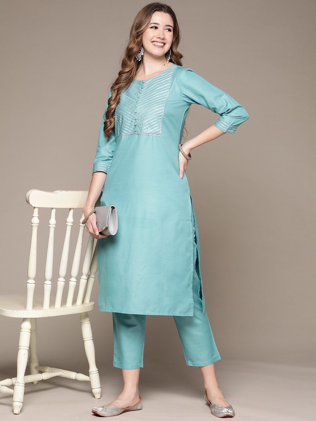 

Anubhutee Women Blue Solid Gotta Patti Kurta with Trousers