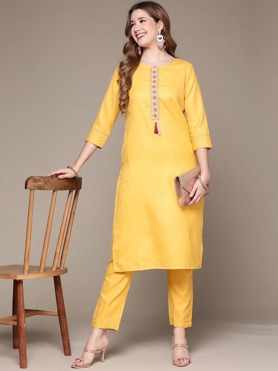 

Anubhutee Women Yellow Ethnic Motifs Embroidered Gotta Patti Kurta with Trousers