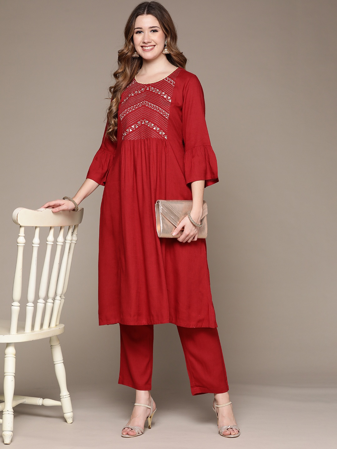 

Anubhutee Women Red Ethnic Motifs Embroidered Pleated Kurta with Trousers