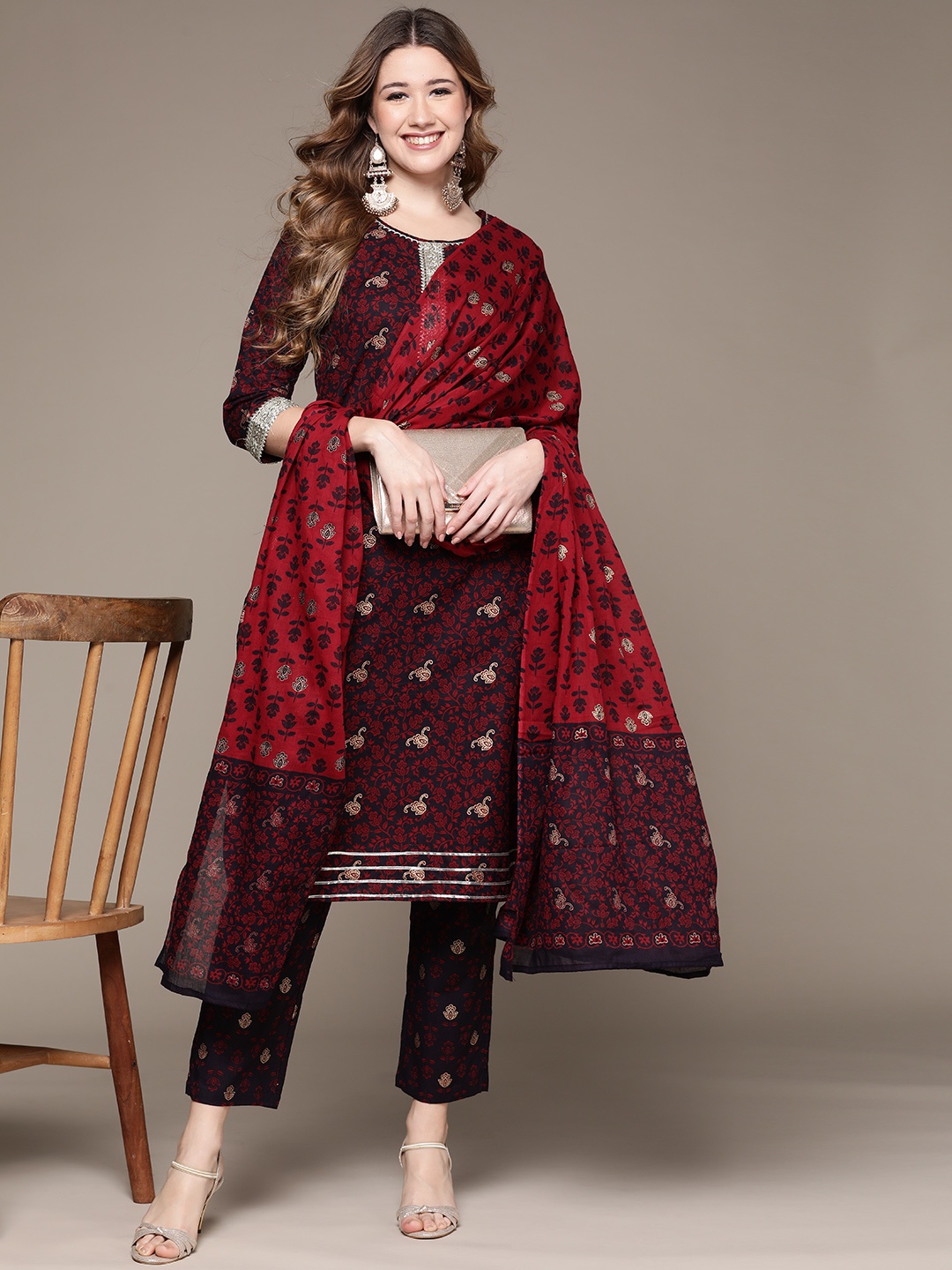 

Anubhutee Women Maroon Ethnic Motifs Printed Pure Cotton Kurta with Trousers & Dupatta